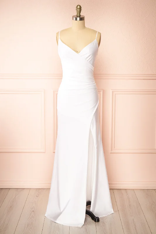 Plaid midi dresses for a fall - themed family gathering Nyra White | Bridal Mermaid Dress w/ Wrapped Bodice Plaid midi dresses for a fall - themed family gathering Nyra White | Bridal Mermaid Dress w/ Wrapped Bodice