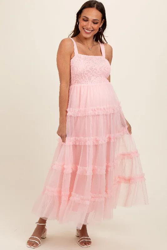 Maternity dress for a baby's first visit to the sensory garden Light Pink Smocked Ruffle Tiered Tulle Maternity Midi Dress Maternity dress for a baby's first visit to the sensory garden Light Pink Smocked Ruffle Tiered Tulle Maternity Midi Dress