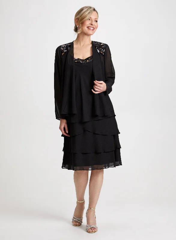 Midi dresses with satin - finish fabrics for a luxurious feel Sequin Trim Chiffon Dress & Jacket Set Midi dresses with satin - finish fabrics for a luxurious feel Sequin Trim Chiffon Dress & Jacket Set