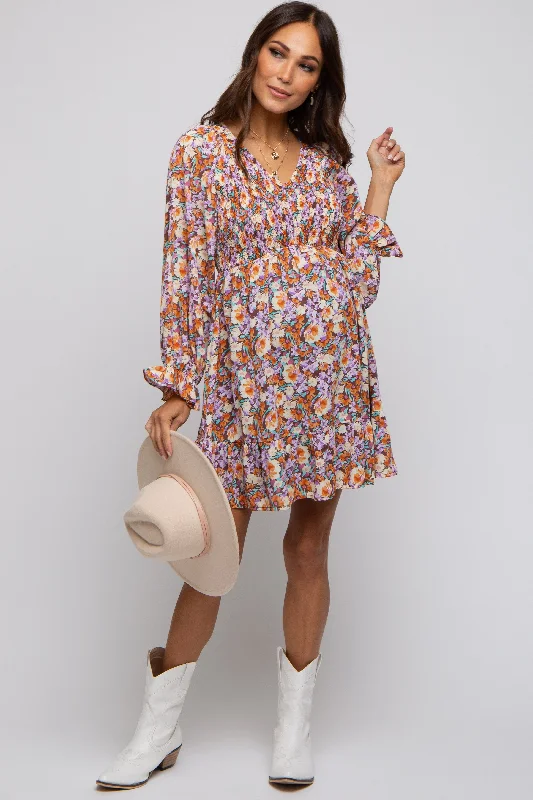 Maternity dress for a baby's first visit to the puppet show Brown Floral Smocked V-Neck Maternity Dress Maternity dress for a baby's first visit to the puppet show Brown Floral Smocked V-Neck Maternity Dress