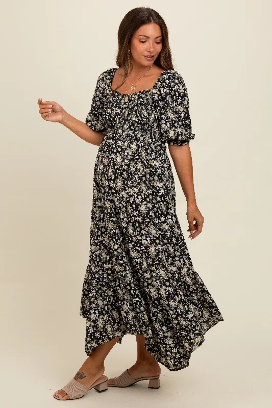 Maternity dress for a baby's first visit to the puppet show Black Smocked Handkerchief Hem Maternity Dress Maternity dress for a baby's first visit to the puppet show Black Smocked Handkerchief Hem Maternity Dress