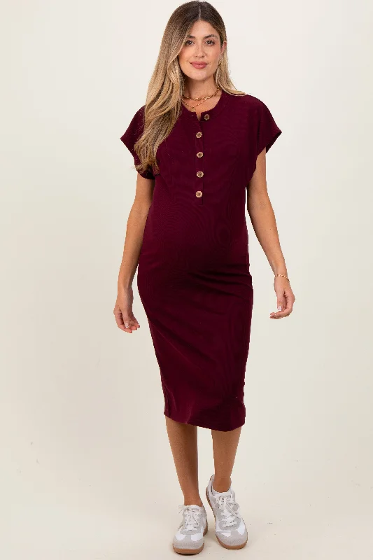 Maternity dress with pockets for convenience Burgundy Solid Ribbed Short Sleeve Button Down Knit Maternity Midi Dress Maternity dress with pockets for convenience Burgundy Solid Ribbed Short Sleeve Button Down Knit Maternity Midi Dress