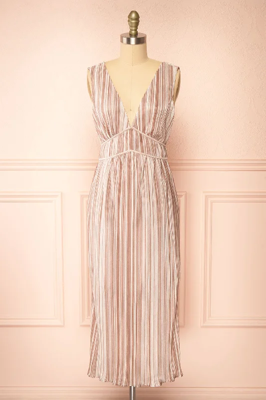 Midi dresses with bow accents for a sweet and charming look Gloriane | Pleated Beige Multi-Tone Dress w/ Slit Midi dresses with bow accents for a sweet and charming look Gloriane | Pleated Beige Multi-Tone Dress w/ Slit