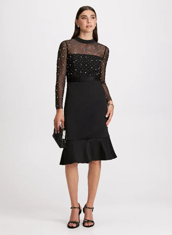 Midi dresses with keyhole backs for a flirty and unexpected detail Pearl Embellished Mesh Detail Dress Midi dresses with keyhole backs for a flirty and unexpected detail Pearl Embellished Mesh Detail Dress
