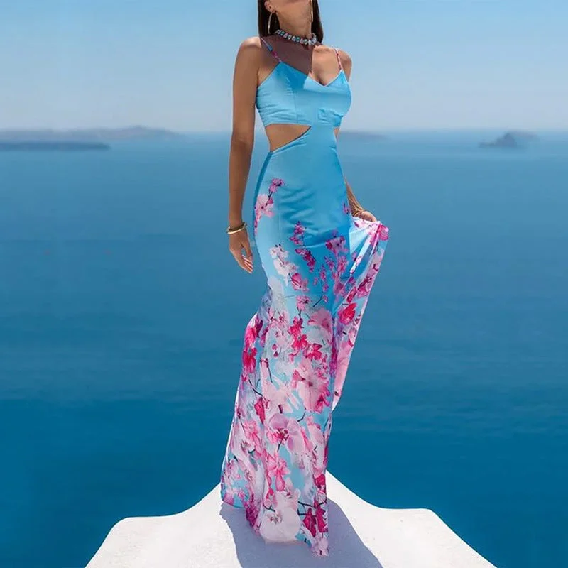  Silk Surface Ripped Sheath Cutout Sling Dress