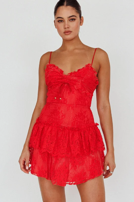 Mini dresses with mesh panels for a sexy and trendy look St Tropez Cami Strap Frill Trim Lace Mini Dress Red Mini dresses with mesh panels for a sexy and trendy look St Tropez Cami Strap Frill Trim Lace Mini Dress Red