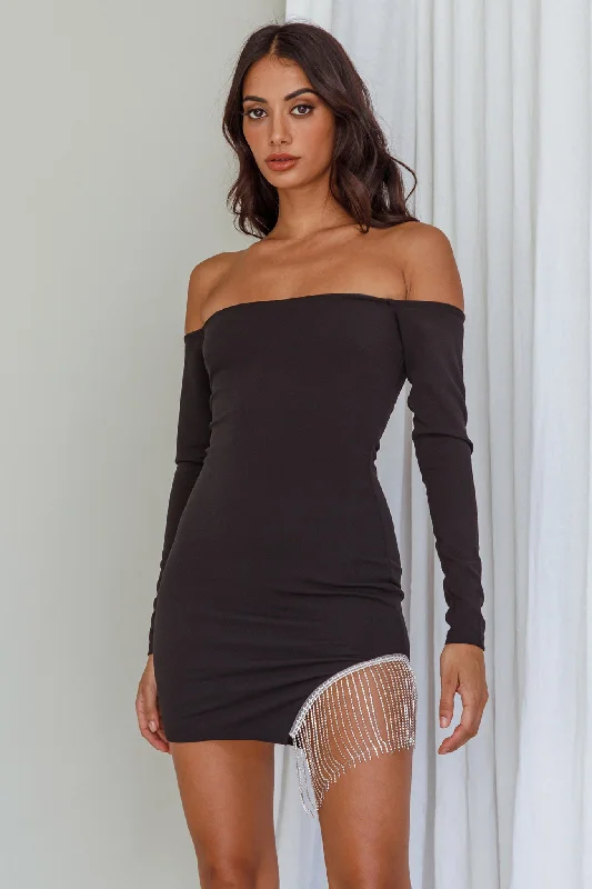 Mini dresses with cold - shoulder designs Call On Me Diamante Off-Shoulder Mini Dress Black Mini dresses with cold - shoulder designs Call On Me Diamante Off-Shoulder Mini Dress Black