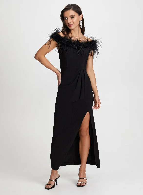 Midi dresses with side slits for a sexy and elegant appearance Feather Trim Off-the-Shoulder Dress Midi dresses with side slits for a sexy and elegant appearance Feather Trim Off-the-Shoulder Dress