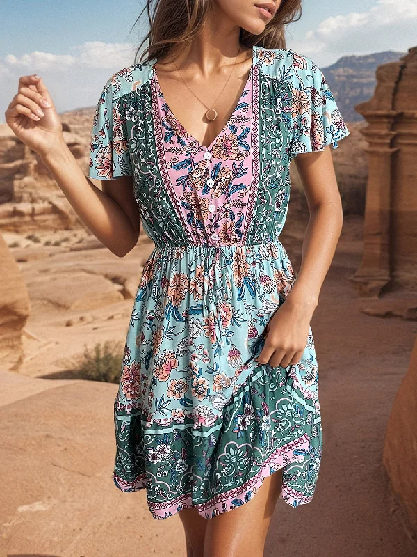 Everyday Dress with Bishop Sleeves for a Victorian - inspired Look Printed V-Neck Flutter Sleeve Dress Everyday Dress with Bishop Sleeves for a Victorian - inspired Look Printed V-Neck Flutter Sleeve Dress