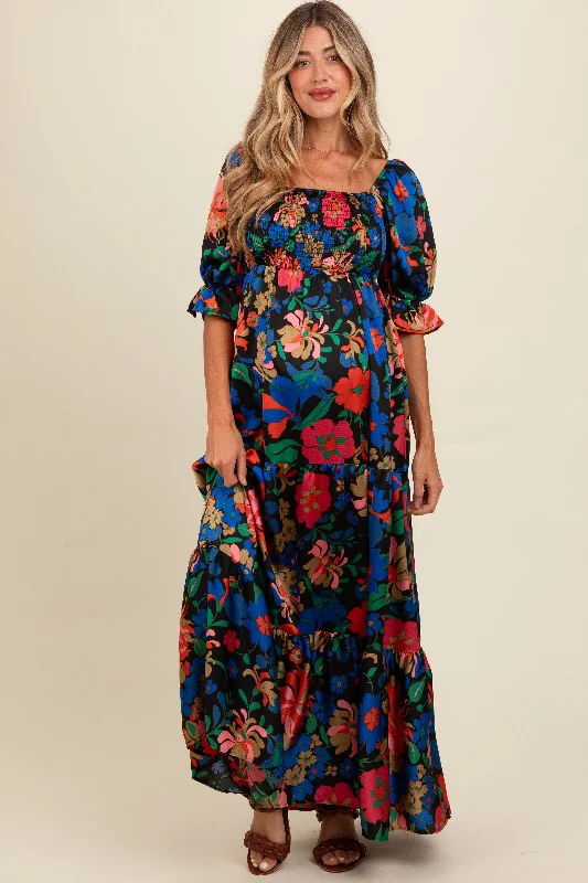 Maternity dress for a baby's baptism Black Floral Satin Smocked Tiered Maternity Maxi Dress Maternity dress for a baby's baptism Black Floral Satin Smocked Tiered Maternity Maxi Dress