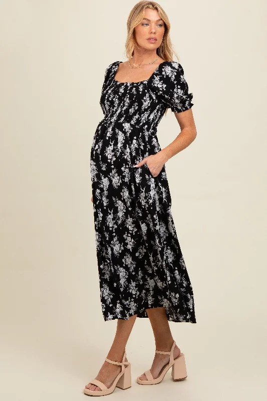 Maternity dress for a baby's first visit to the fair Black Floral Smocked Sweetheart Neckline Maternity Midi Dress Maternity dress for a baby's first visit to the fair Black Floral Smocked Sweetheart Neckline Maternity Midi Dress