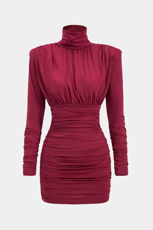 Mini dresses with ribbed textures for a unique appearance Ruched Long Sleeve Turtleneck Mini Dress Mini dresses with ribbed textures for a unique appearance Ruched Long Sleeve Turtleneck Mini Dress