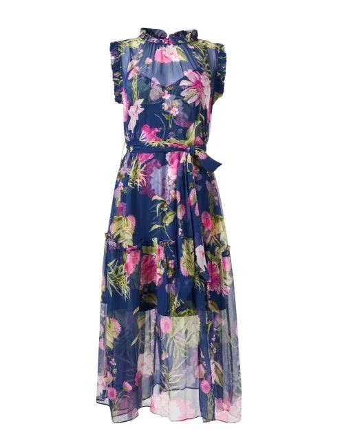  Gemma Navy Print Silk Dress