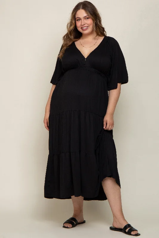 Maternity dress for a baby's first visit to the beach Black Deep V-Neck Tiered Maternity Plus Maxi Dress Maternity dress for a baby's first visit to the beach Black Deep V-Neck Tiered Maternity Plus Maxi Dress
