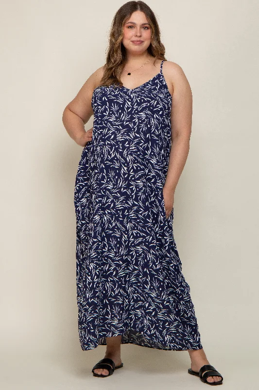 Maternity dress for a baby's first visit to the butterfly garden Navy Leaf Print Double V-Neck Maternity Plus Maxi Dress