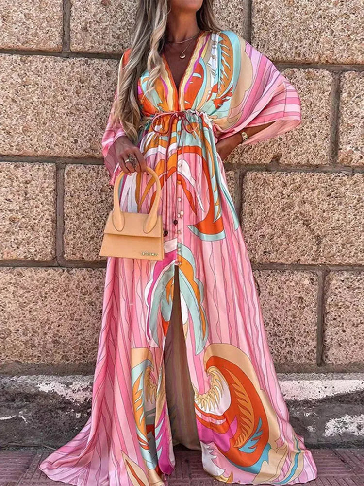 Everyday Dress with UV - protection for Sun - filled Days Elegant Artsy Print Oversized Holiday Beachy Maxi V-Neck Dress Everyday Dress with UV - protection for Sun - filled Days Elegant Artsy Print Oversized Holiday Beachy Maxi V-Neck Dress