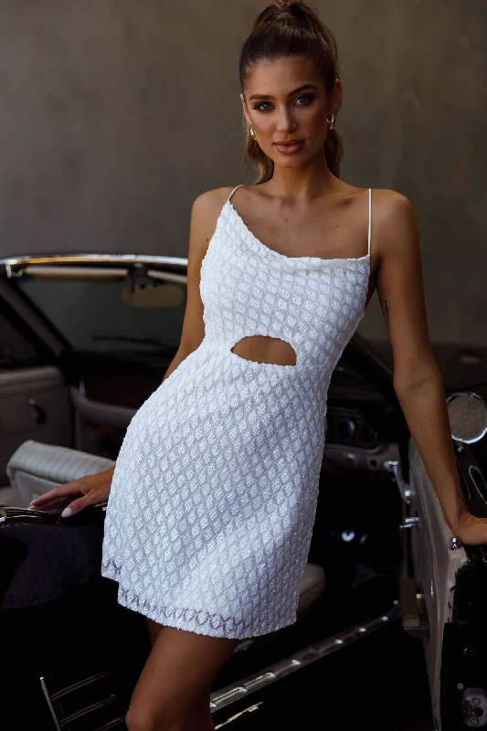 Mini dresses with high - low hems for a modern twist Sicily Asymmetrical Cowl Neckline Tie-Up Back Sequin Mini Dress White Mini dresses with high - low hems for a modern twist Sicily Asymmetrical Cowl Neckline Tie-Up Back Sequin Mini Dress White