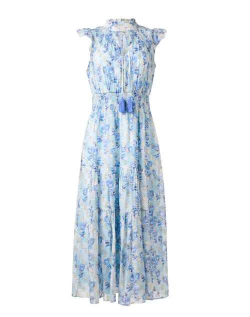 Children's Everyday Dress in Soft Jersey​ Blue Floral Lurex Print Dress