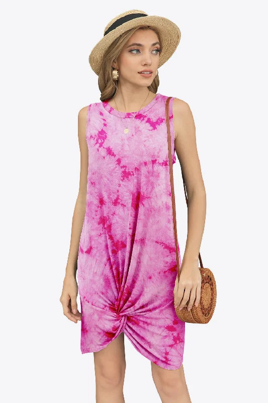  Tie-Dye Twisted Round Neck Sleeveless Dress