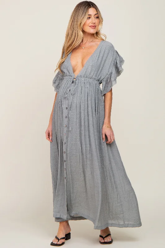 Off shoulder maternity evening dress for parties Grey Deep V-Neck Button Down Maternity Maxi Dress Off shoulder maternity evening dress for parties Grey Deep V-Neck Button Down Maternity Maxi Dress