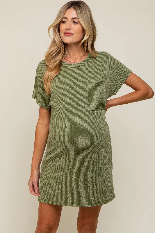 Maternity dress for a baby's first visit to the beach Olive Ribbed Front Pocket Dolman Short Sleeve Maternity Dress Maternity dress for a baby's first visit to the beach Olive Ribbed Front Pocket Dolman Short Sleeve Maternity Dress