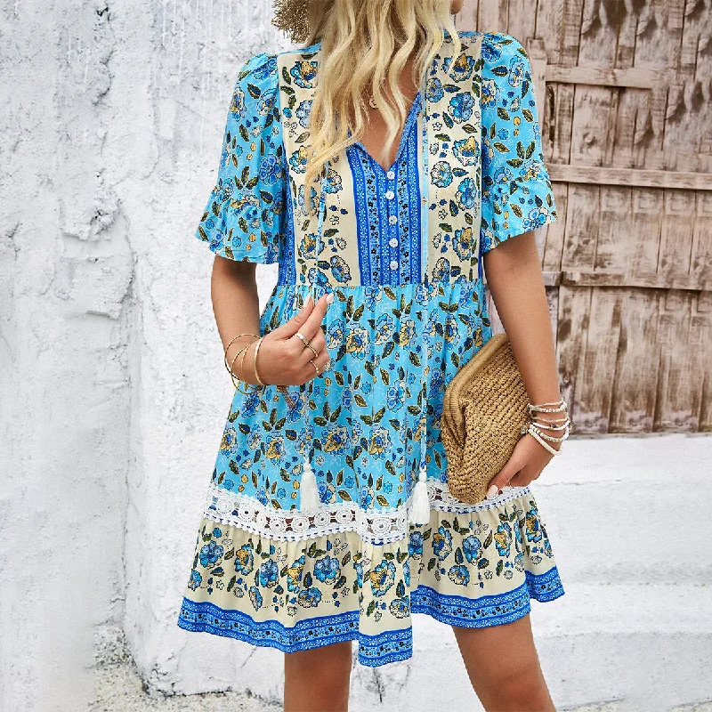 Everyday Maxi Dress with Floral Print​ Breezy Floral Blue Print Casual Ruffle  Dress