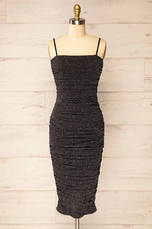 Midi dresses with puff sleeves for a vintage - inspired look Baku Black | Fitted Ruched Sparkly Midi Dress Midi dresses with puff sleeves for a vintage - inspired look Baku Black | Fitted Ruched Sparkly Midi Dress