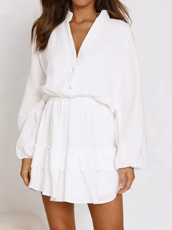Everyday Dress with Soft Cotton - blend Fabric for All - day Comfort Ruffled Notched Balloon Sleeve Mini Dress Everyday Dress with Soft Cotton - blend Fabric for All - day Comfort Ruffled Notched Balloon Sleeve Mini Dress