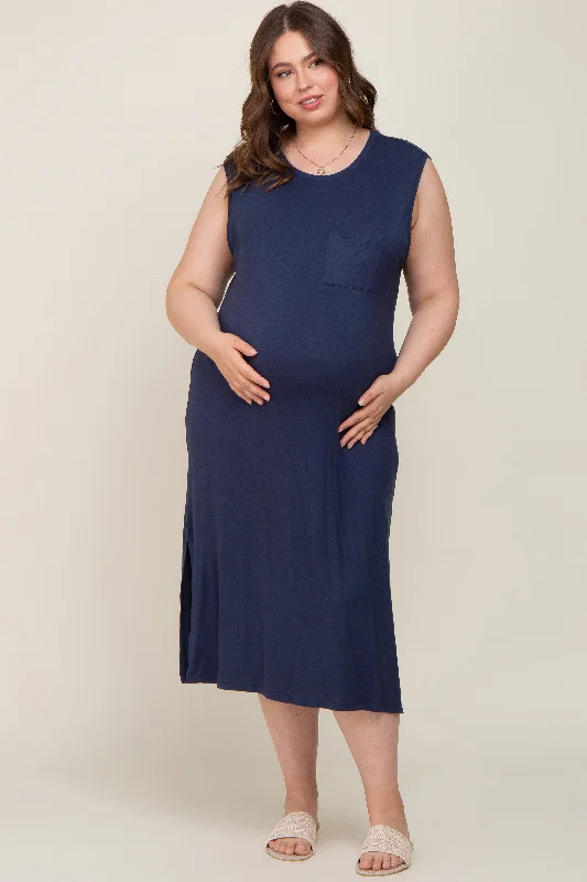 Maternity wrap dress with adjustable belt Navy Sleeveless Front Pocket Maternity Plus Midi Dress Maternity wrap dress with adjustable belt Navy Sleeveless Front Pocket Maternity Plus Midi Dress