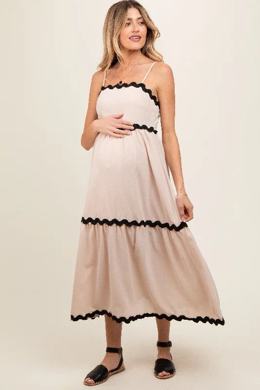 Maternity denim dress for a casual vibe Beige Ric Rac Trim Tiered Maternity Midi Dress Maternity denim dress for a casual vibe Beige Ric Rac Trim Tiered Maternity Midi Dress