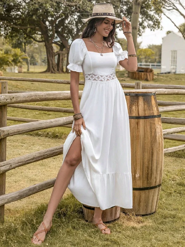  Square Neck Flounce Sleeve Midi Dress