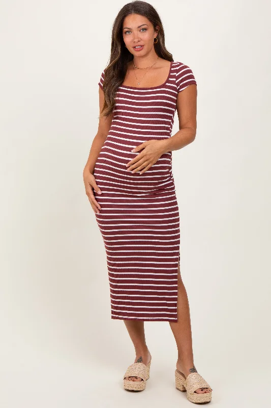 Maternity dress for hospital visits during pregnancy Burgundy Striped Short Sleeve Side Slit Maternity Maxi Dress Maternity dress for hospital visits during pregnancy Burgundy Striped Short Sleeve Side Slit Maternity Maxi Dress
