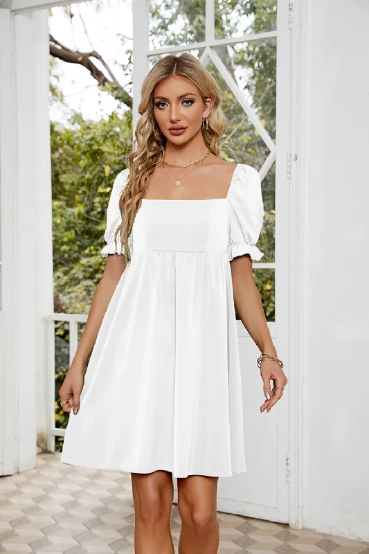 Everyday Dress with Ruched Sides for a Figure - hugging Look Ruched Square Neck Flounce Sleeve Mini Dress Everyday Dress with Ruched Sides for a Figure - hugging Look Ruched Square Neck Flounce Sleeve Mini Dress
