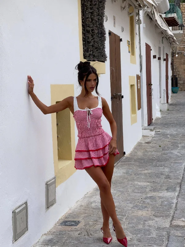 Linen mini dresses for a breathable summer option BONNIEE MINI DRESS RED GINGHAM