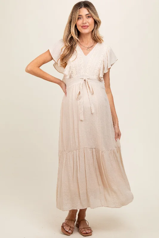 Maternity dress for a baby's first visit to the museum Cream Cuffed Sleeve Front Tie Maternity Maxi Dress Maternity dress for a baby's first visit to the museum Cream Cuffed Sleeve Front Tie Maternity Maxi Dress