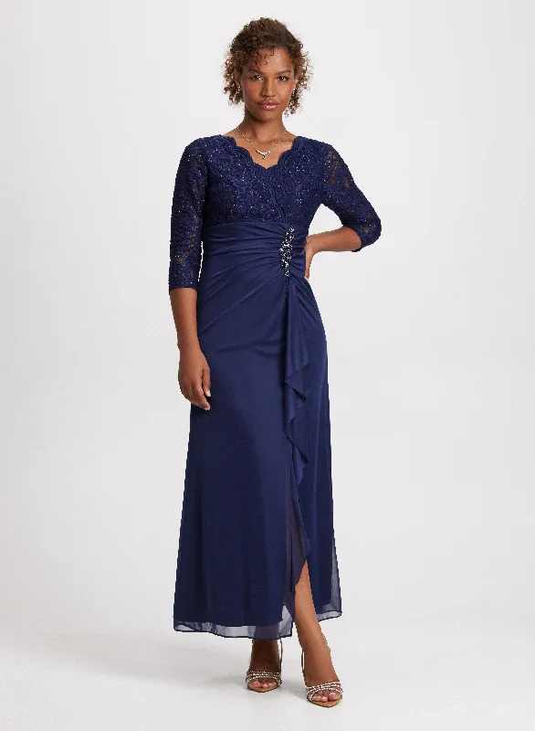 High - low midi dresses with geometric patterns for a modern party Lace Detail Rhinestone Brooch Dress High - low midi dresses with geometric patterns for a modern party Lace Detail Rhinestone Brooch Dress