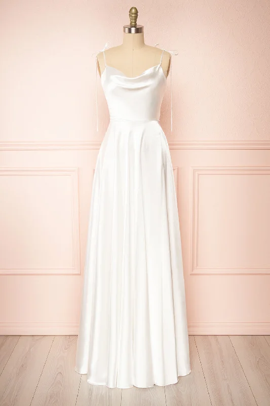 Midi dresses with pleated skirts for a timeless and elegant appeal Moira Ivory | Bridal Cowl Neck Satin Gown w/ High Slit Midi dresses with pleated skirts for a timeless and elegant appeal Moira Ivory | Bridal Cowl Neck Satin Gown w/ High Slit