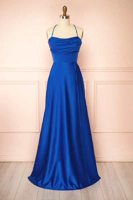 Maxi - inspired midi dresses with flowing fabrics for a beachy vibe Marlys Blue | Cowl Neck Satin Maxi Dress w/ High Slit Maxi - inspired midi dresses with flowing fabrics for a beachy vibe Marlys Blue | Cowl Neck Satin Maxi Dress w/ High Slit