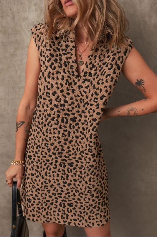  Leopard Johnny Collar Sleeveless Mini Dress