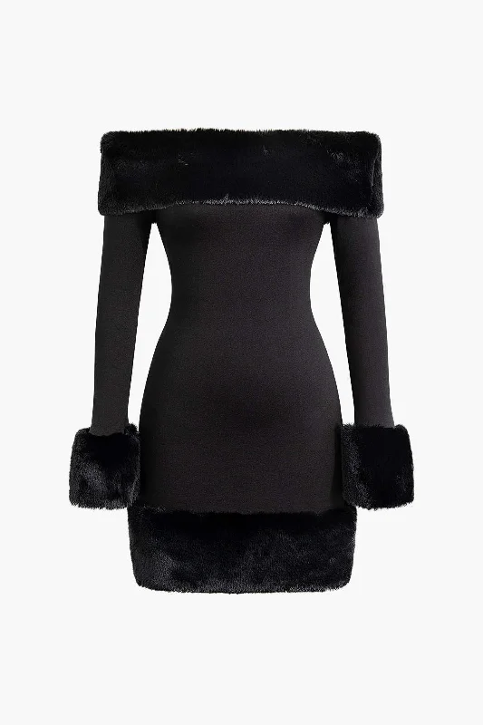 Mini dresses with cold - shoulder designs Faux Fur Trim Off Shoulder Midi Dress