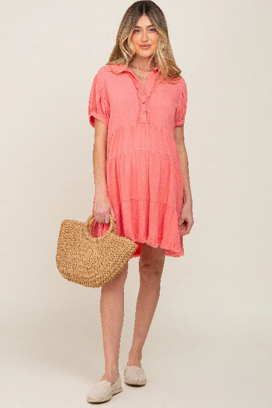 Maternity dress for a baby's first visit to the brewery Coral Tiered Collared Linen Maternity Dress Maternity dress for a baby's first visit to the brewery Coral Tiered Collared Linen Maternity Dress