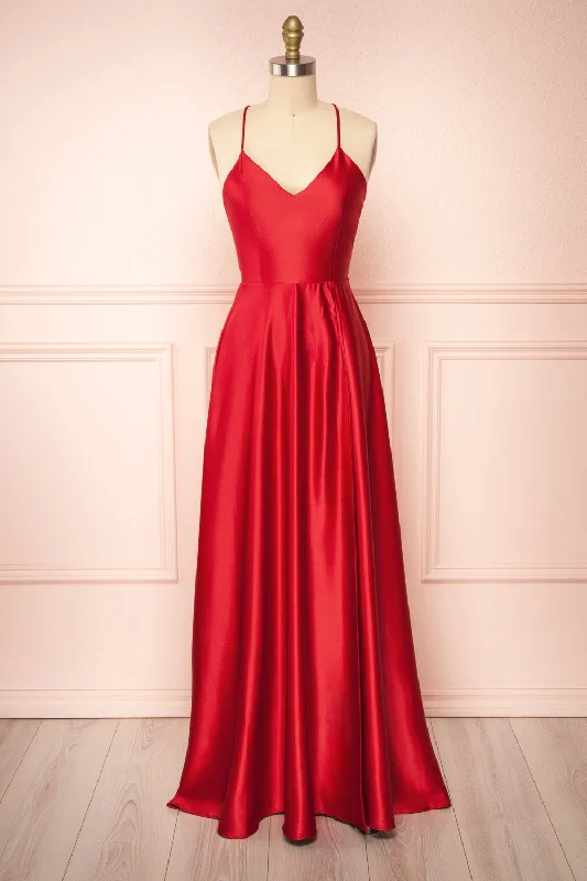 Midi dresses with pleated skirts for a timeless and elegant appeal Julia Red | Satin Maxi Dress w/ High Slit Midi dresses with pleated skirts for a timeless and elegant appeal Julia Red | Satin Maxi Dress w/ High Slit