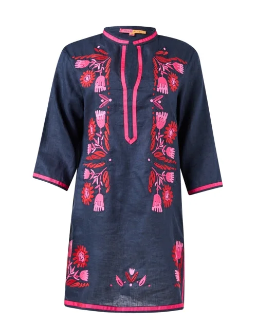 Everyday Dress with Convertible Design for Multiple Looks Navy and Pink Embroidered Linen Dress Everyday Dress with Convertible Design for Multiple Looks Navy and Pink Embroidered Linen Dress