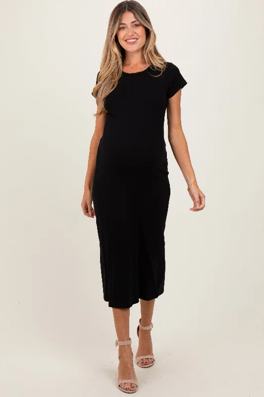 Maternity dress for a shopping spree Black Basic Crewneck Maternity Midi Dress