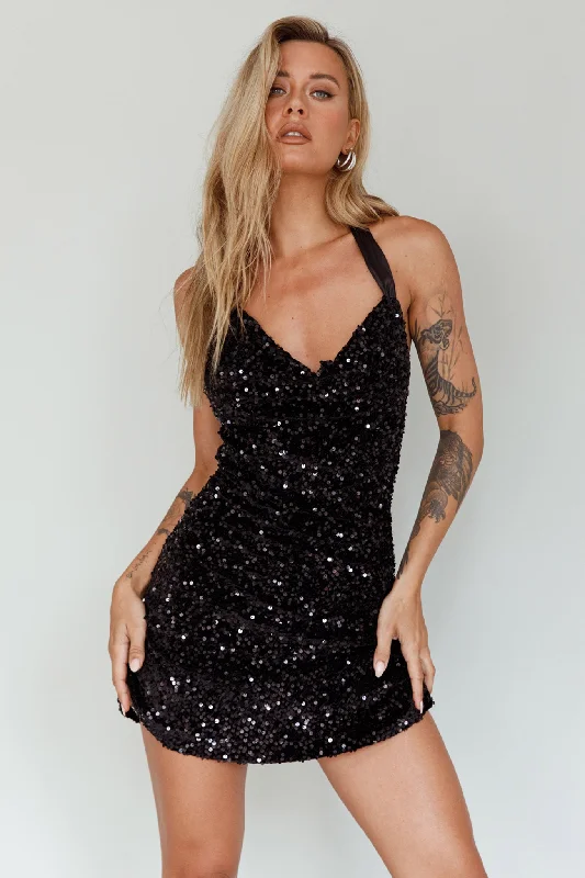 Cotton mini dresses for a comfortable everyday option Star Lights Halterneck Mini Dress Sequin Black Cotton mini dresses for a comfortable everyday option Star Lights Halterneck Mini Dress Sequin Black