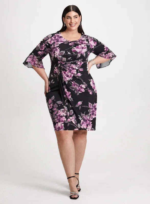 Midi dresses with ruched sleeves for a more fitted and stylish arm look Floral Print Sheath Dress