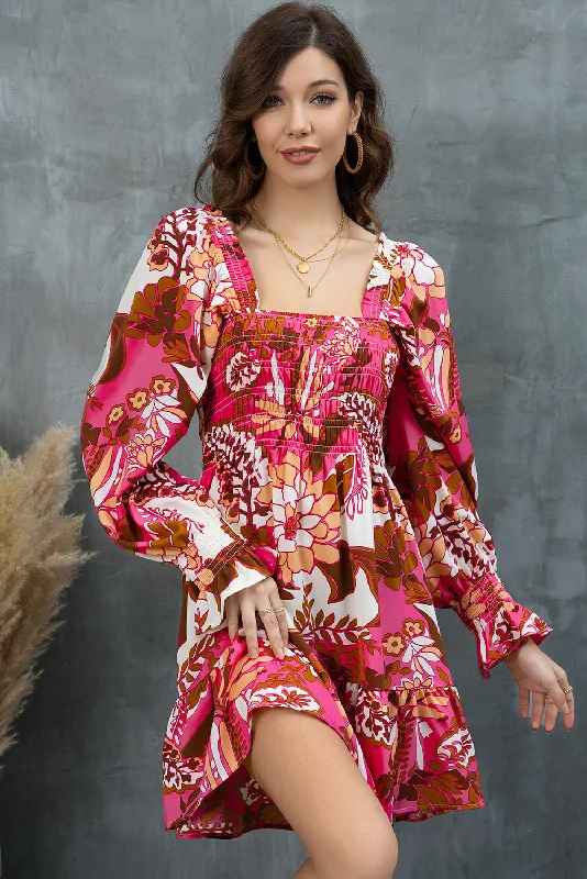  Floral Square Neck Flounce Sleeve Dress
