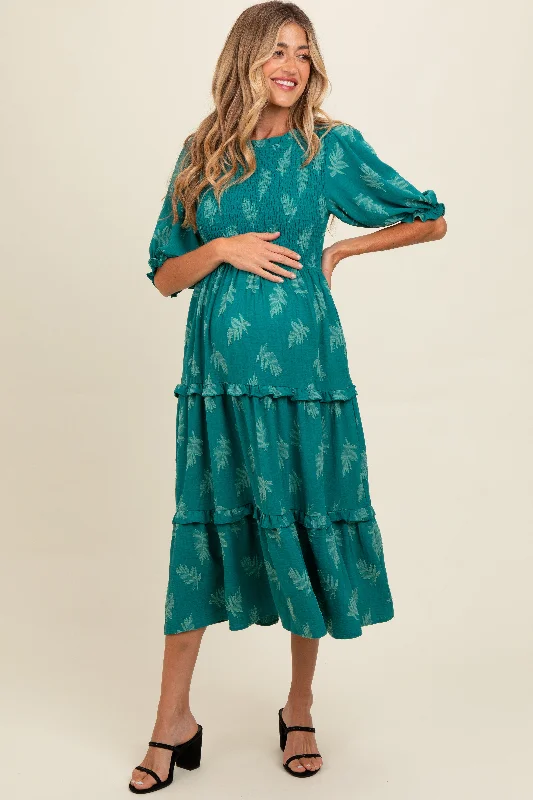 Maternity dress for a baby's naming ceremony Teal Leaf Print Smocked Maternity Midi Dress Maternity dress for a baby's naming ceremony Teal Leaf Print Smocked Maternity Midi Dress