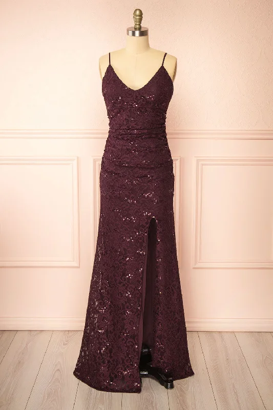 Midi dresses with ruched bodices for a feminine and fitted feel Samy Burgundy | Sparkly Lace Mermaid Dress w/ Slit