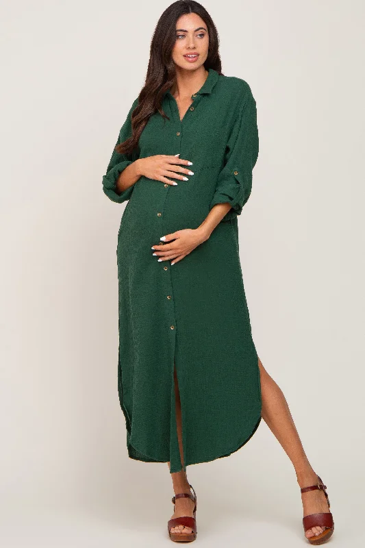 Maternity lace dress for a romantic look Forest Green Button Down 3/4 Sleeve Maternity Midi Dress Maternity lace dress for a romantic look Forest Green Button Down 3/4 Sleeve Maternity Midi Dress